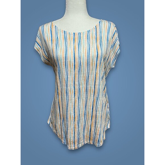 Christian Siriano 100% Linen Multicolor Striped Top-Cap Sleeves Women’s Medium - Picture 1 of 7